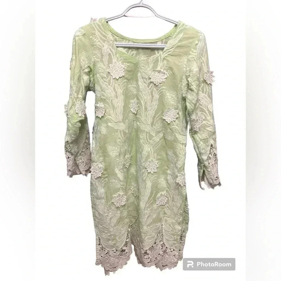 Tops - 3/$20. Indian tunic green with floral lace applicay detail side slip hand made
